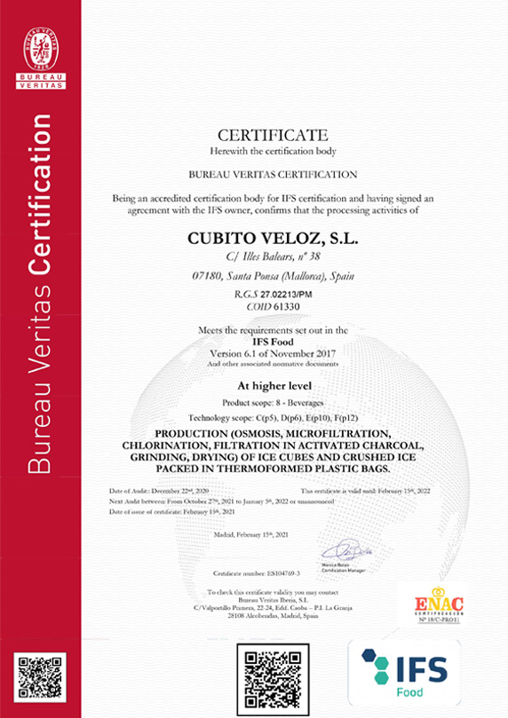 Certificado de calidad IFS fábrica de hielo Cubito Veloz en mallorca